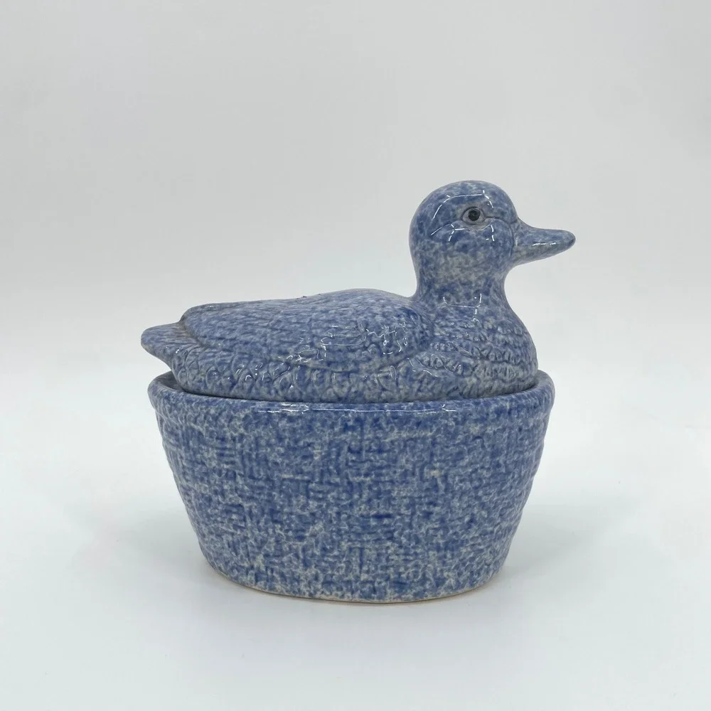Unbranded Duck Trinket Box Blue Sponge Ware Ceramic Country Cottage‎ Decor Small